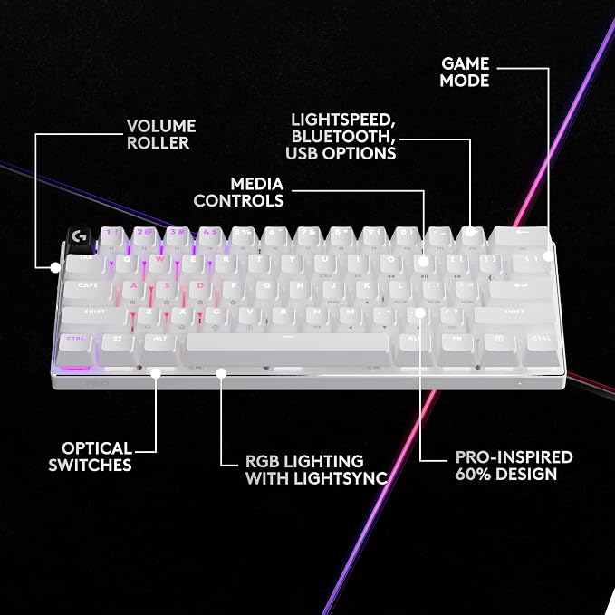 Logitech G PRO X 60% Wireless Gaming Keyboard (Tactile Optical) - White | Ultra compact TKL, for Windows PC, LIGHTSYNC RGB, dual-shot PBT keycaps, GX optical switches - Image 5