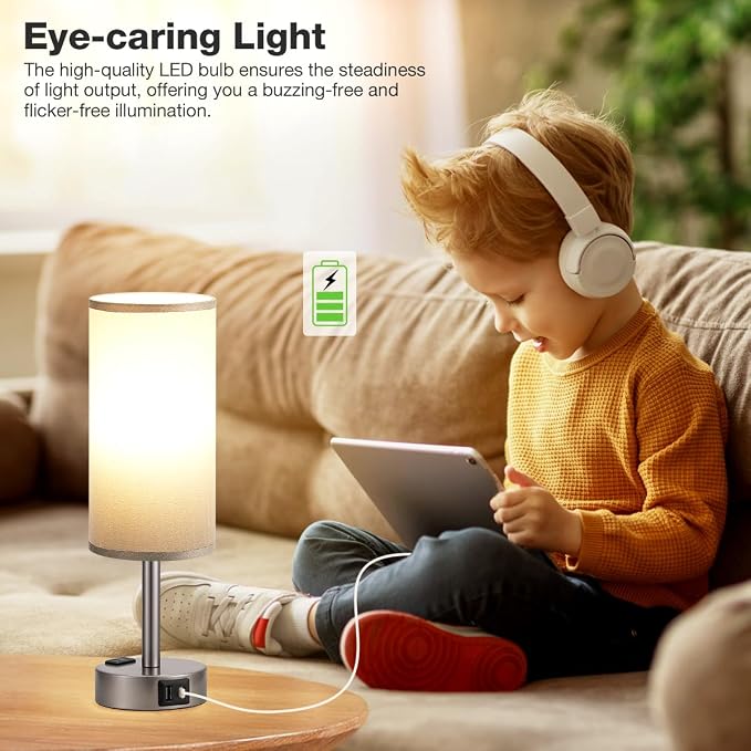 Fenmzee Grey Bedside Table Lamp for Bedroom - 3 Way Dimmable Touch Lamp USB C Charging Ports and AC Outlet, Small Lamp for Living Room, Desk, LED Bulb Included - Image 3