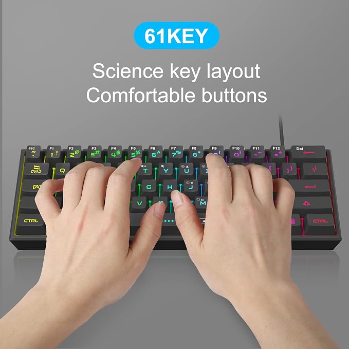 MageGee Mini 60% Gaming Keyboard, RGB Backlit 61 Key Ultra-Compact Keyboard, TS91 Ergonomic Waterproof Mechanical Feeling Office Computer Keyboards for PC, MAC, PS4, Xbox ONE Gamer(Black) - Image 7