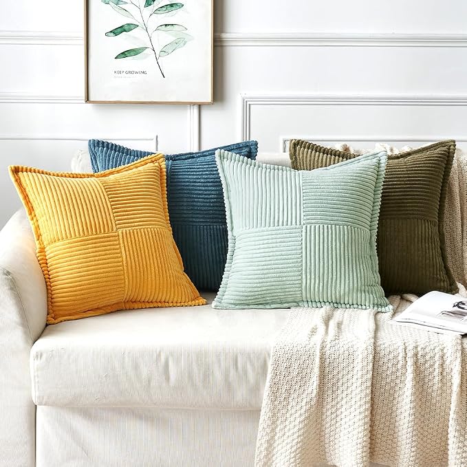 MIULEE Golden Yellow Corduroy Pillow Covers 18x18 Inch with Splicing Set of 2 Soft Boho Striped Pillow Covers Broadside Decorative Textured Summer Pillowcases for Couch Cushion Bed Livingroom - Image 5