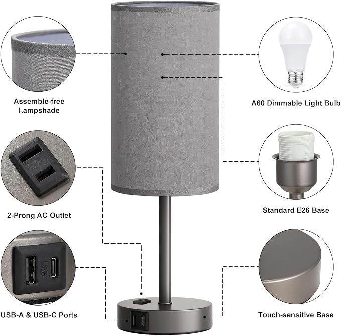 Fenmzee Grey Nightstand Bedroom Lamp - 3 Way Dimmable Bedside Lamp USB C A Charging Ports and AC Outlet, Small Table Lamp Linen Lampshade for Office Desk - Image 7
