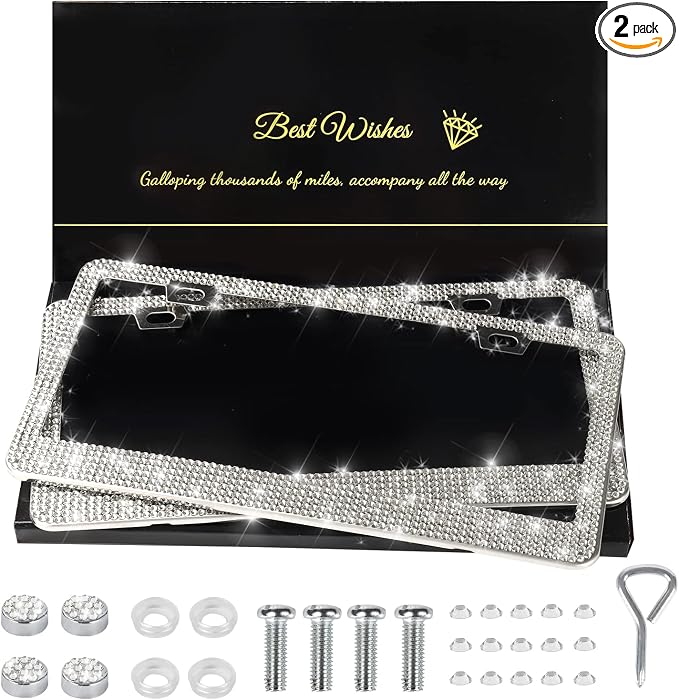 QUANQIUFEI 2 Pack Bling License Plate Frames for Women, Sparkly Rhinestone Diamond Car Accessories with Glitter Crystal Caps (White) by QUANQIUFEI