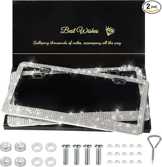 QUANQIUFEI 2 Pack Bling License Plate Frames for Women, Sparkly Rhinestone Diamond Car Accessories with Glitter Crystal Caps (White) by QUANQIUFEI