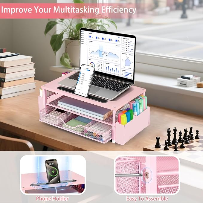 AUPSEN Pink Desk Organizers and Accessories, 2-Tier Wood Computer Monitor Stand with Drawer, Pen Storage & Phone Holder, Office Desk Accessories, Workspace Desktop Organization for Office Supplies - Image 3