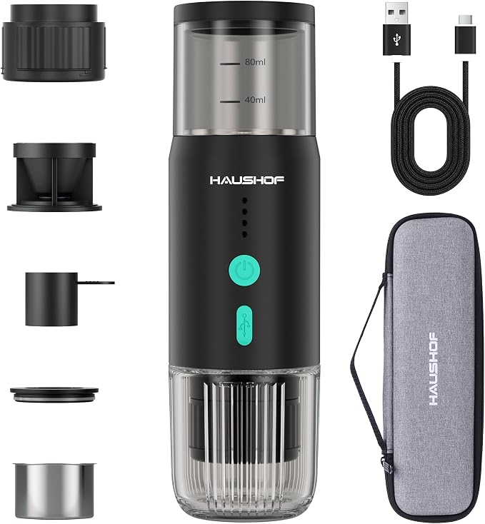 HAUSHOF Portable Electric Espresso Machine, 20 Bar Fast Heat-Up Travel Coffee Maker, USB-C Rechargeable Compatible with Ground Coffee & NS Capsules, for Car, Camping, RV, Hiking & Office by HAUSHOF