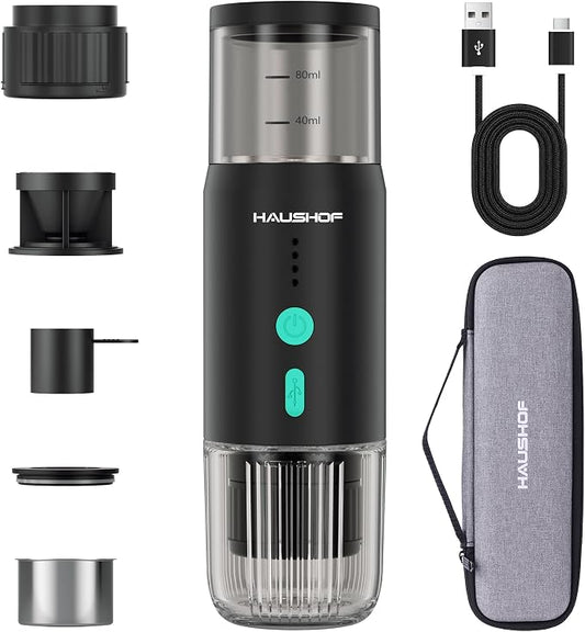 HAUSHOF Portable Electric Espresso Machine, 20 Bar Fast Heat-Up Travel Coffee Maker, USB-C Rechargeable Compatible with Ground Coffee & NS Capsules, for Car, Camping, RV, Hiking & Office by HAUSHOF