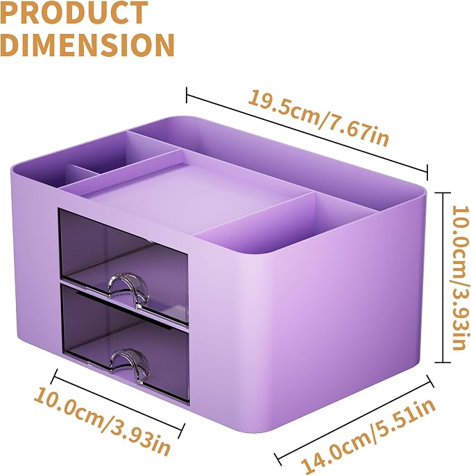 Marbrasse Pen Organizer with 2 Drawer, Multi-Functional Pencil Holder for Desk, Desk Organizers and Accessories with 5 Compartments + Drawer for Office Art Supplies (Purple) - Image 4