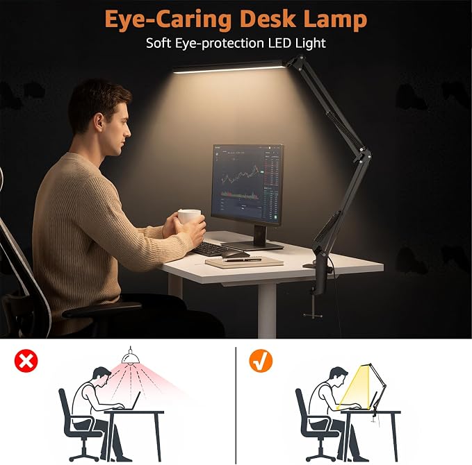 Upgrade Swing Arm LED Desk Lamp with Clamp, 80 LED Beads, 5 Color Modes & 11 Brightness Levels, 360° Adjustable Arm, Eye-Caring Light CRI95, Timer & Memory Function, for Office, Study, Crafting - Image 6