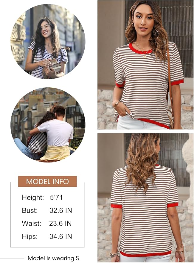 Dokotoo Womens Tops 2026 Casual Summer Crewneck Short Sleeve Striped Color Block Knit High Low Trendy Pullover Sweaters - Image 4