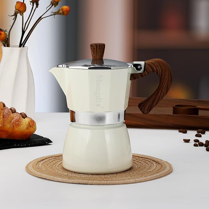 Mongdio Stovetop Espresso Maker Moka Pot, Cuban Coffee Maker Stove top coffee maker Moka Italian Espresso Greca Coffee Maker Brewer Percolator, 6 Espresso Cups, 10 oz - White - Image 8