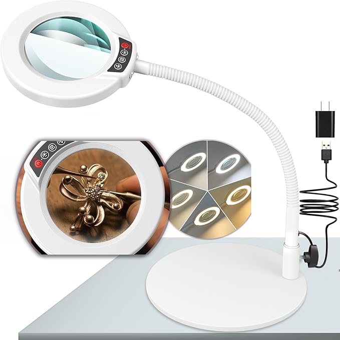 10X Magnifying Glass with Light and Stand, 16.5in Flexible Goose-Neck, 5 Color Modes Stepless Dimmable LED Lighted Desk Lamp, Hands Free Magnifier for Crafting Hobby Painting Close Work - White by KRSTLV