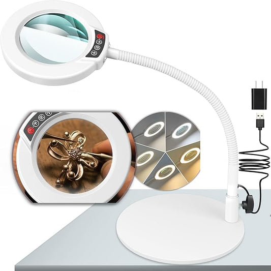 10X Magnifying Glass with Light and Stand, 16.5in Flexible Goose-Neck, 5 Color Modes Stepless Dimmable LED Lighted Desk Lamp, Hands Free Magnifier for Crafting Hobby Painting Close Work - White by KRSTLV