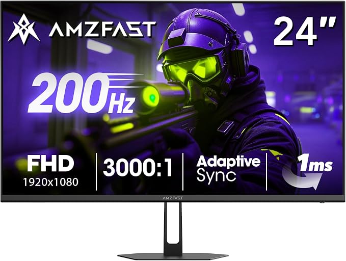 Amzfast 24 Inch Gaming Monitor 200Hz FHD 1080p Computer Monitor, 1ms Adaptive Sync, 3000:1, 129% sRGB, HDR Display, Eye Care, VESA 75x75, Metal Stand, HDMI 2.0 | DP 1.4, AMZG24X1 by Amzfast