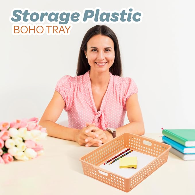 4E's Novelty 6 Pack Classroom Paper Baskets, Organizing Desk Boho Tray for A4 Papers, Classroom Storage Plastic Paper Bins, Fun Turn In Trays for Teachers and Students, Office Desk Room Trays - Image 2