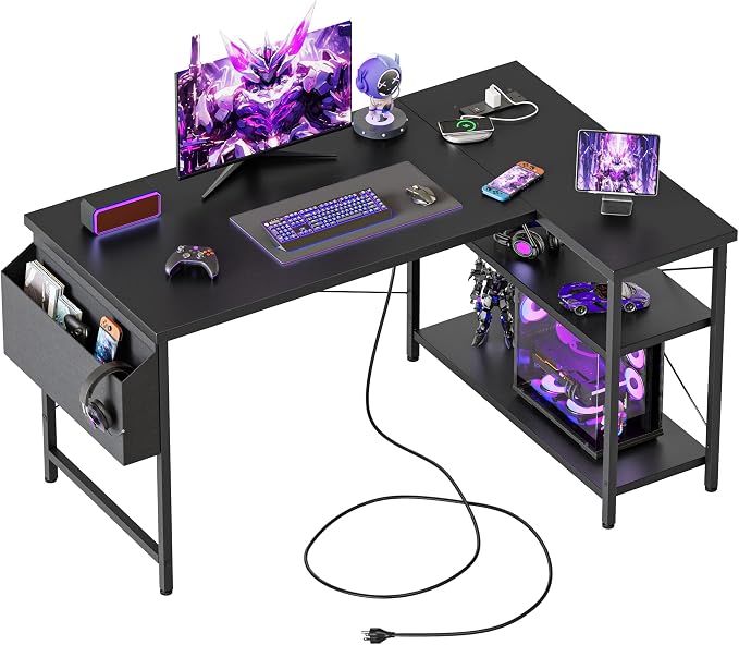 Mericonia 47 inch Corner Desk with Shelves, Small L Shaped Gaming Desk | Reversible Computer Desk with Power Outlets & Storage Bag, Office Table for Home Bedroom Study Work Writing by MERICONIA