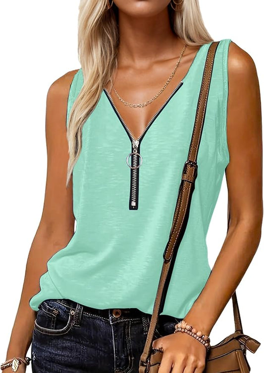 Halife Womens Half Zip V Neck Tank Tops Summer Sleeveless Shirts Casual Loose Top Blouses T Shirts by Halife
