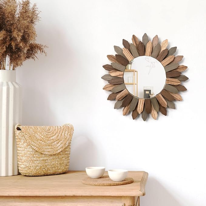 Honiway Boho Wall Decor Mirror 2 Pack 12 inch Rustic Wood Decorative Mirror for Room Decor Rustic Farmhouse Wall Decor for Bedroom Bathroom Living Room Entryway Tril Color - Image 9