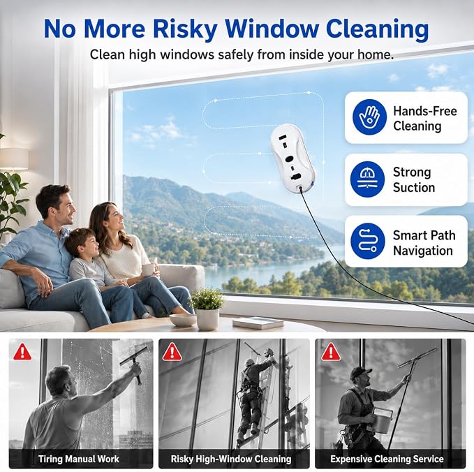 Robotic Window Cleaner with 3-Layer Safety, Smart Z/N Path Navigation, 2800Pa Strong Suction & UPS Anti-Drop, Perfect for High-Rise Windows, Glass Doors, Shower Glass, Gift for Parents - Image 2