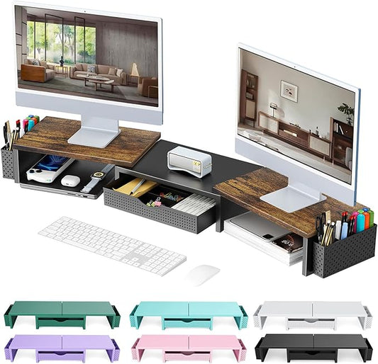 gianotter Dual Monitor Stand Riser, Desk Organizer With Drawer and 2 Pen Holders,Computer Monitor Stand, Desk Shelf for Top of Desk, Wood by gianotter