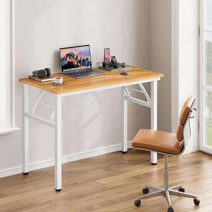 Need Office Computer Desk 35.8 Inch Sturdy Folding Laptop Table Teak | White Frame Writing Gaming Work Table/Foldable Home Office Desk/Sewing Table, No Assembly Required - Image 2