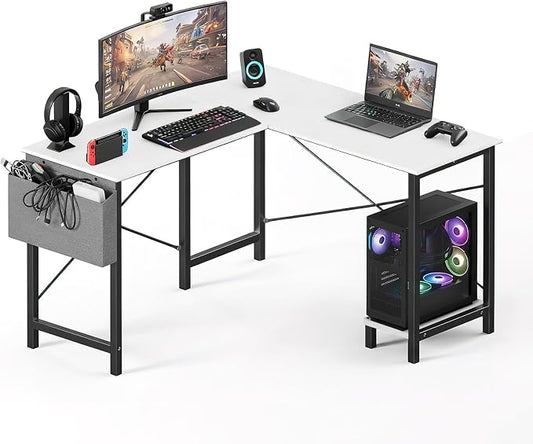 OLIXIS L Shaped Desk, 50-Inch Office Computer Gaming Desks Corner PC Table with Side Bag and Reversible Shelf for Home Work Study Writing White | Side Bag, Reversible Shelf, Home Work Study Writing, PC Workstation, Easy Assembly, White by OLIXIS