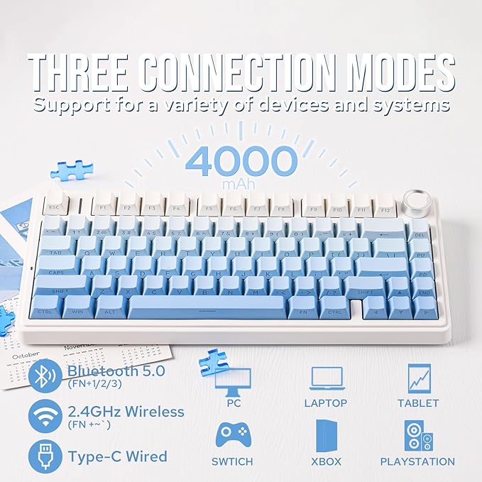 EPOMAKER x Aula F75 Gasket Mechanical Keyboard, 75% Wireless Hot Swappable Gaming Keyboard with Five-Layer Padding&Knob, BT/2.4GHz/USB-C, RGB (Blue Gradient, LEOBOG Reaper Switch) - Image 3