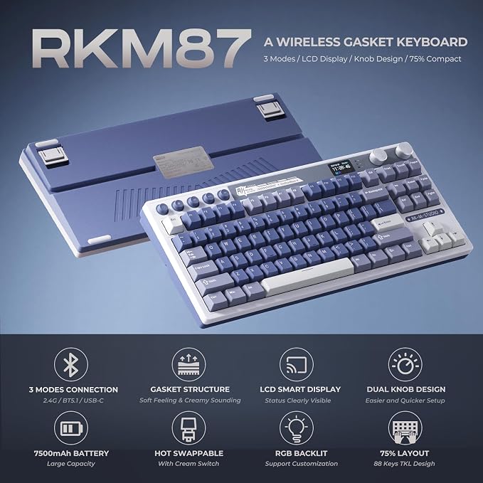 RK ROYAL KLUDGE M87 Wireless Gaming Keyboard with Screen & Dual Knobs, Blue | Bluetooth/2.4G/Wired, Hot Swappable Cream Switches, 5-Layer Noise Dampening Gasket Structure,Compact 75% Size for PC/WIN/Mac - Image 2