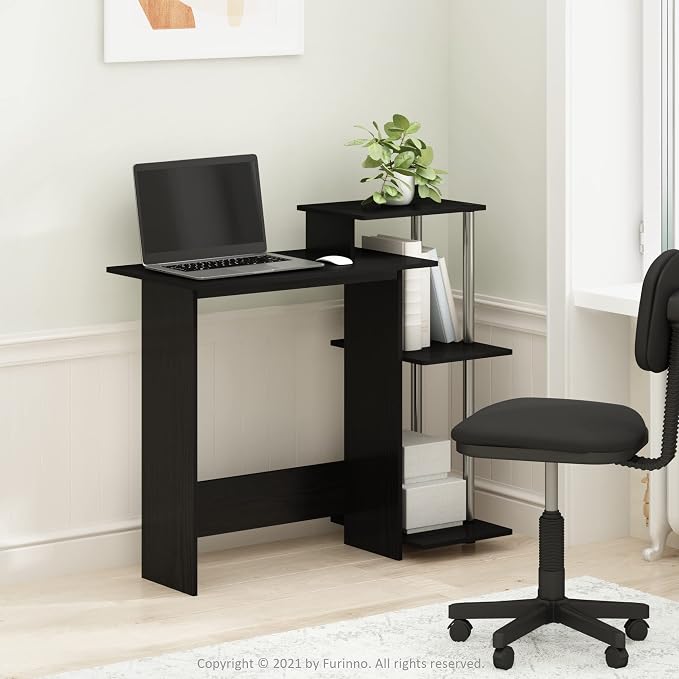 Furinno EFFICIENT Desk, 28.6" Wide Gaming Desk with 3 Open Side Shelves, Laptop Notebook Computer Desk, Office Desk for Home Office, Study Room, Dorm, Bedroom, Americano/Stainless Steel - Image 2
