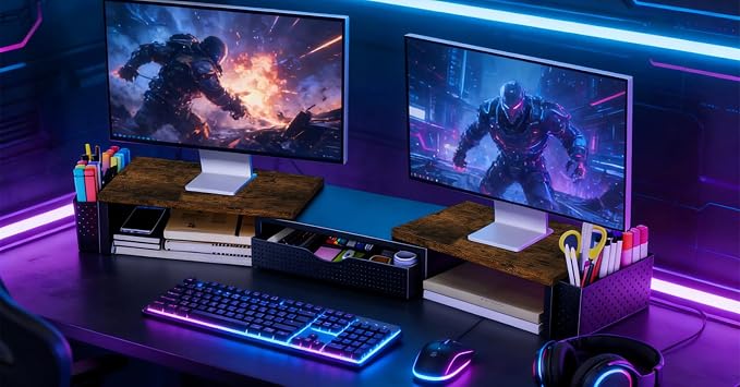 Spacrea Metal Desk Organizers and Accessories, Dual Monitor Stand Riser with Drawer and 2 Pen Holders, Desk Accessories & Workspace Desktop Organizers for Office Supplies (Wood) - Image 7