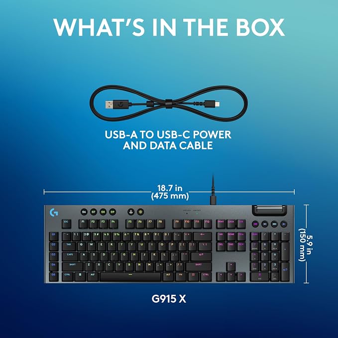 Logitech G915 X Wired Gaming Keyboard (Tactile)- Black | Low Profile, Mechanical Switches, Double-Shot PBT Keycaps, RGB lighting, Aluminum finish, PC/Mac Compatible - Image 8