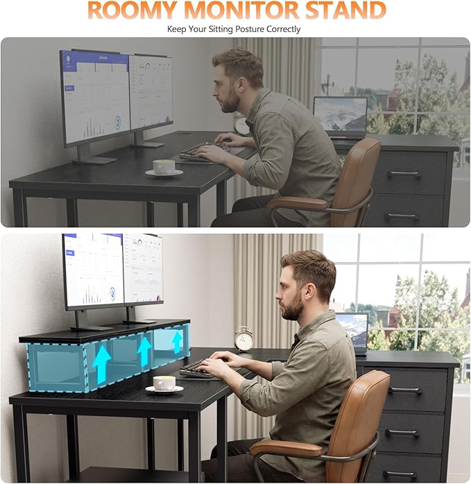 Korfile 59 inch L Shaped Computer Desk with Power Outlets, Black | Ideal for Home Office, Bedroom, Corner, 4 Adjustable Storage Drawers, 2 Monitor Stands, Reversible, Two Person Gaming Table - Image 7