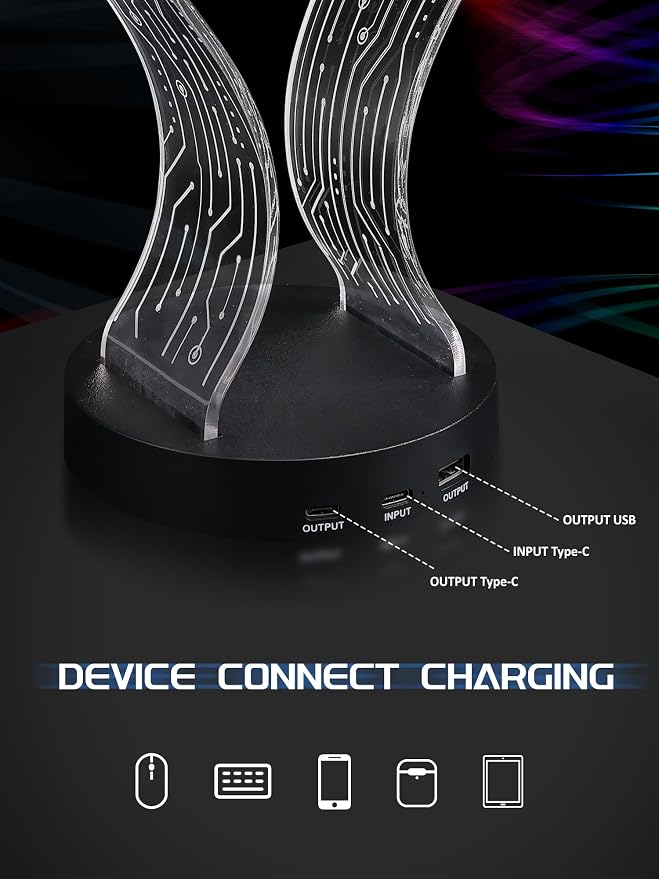 CoolGift Mart Light Up Headphone Stand with 16 Color Lights, PCB Pattern Acrylic Headset Stand with 1 USB and 1 Type-C Charging Ports, Gifts for Gamers Men Boy Father Dad and DJ Music Lovers - Image 6