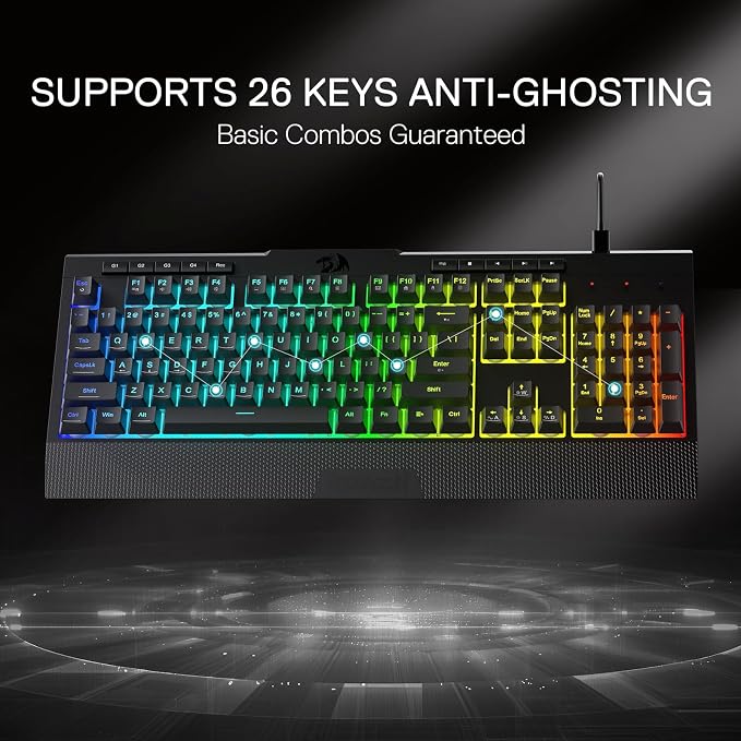 Redragon K525 RGB Backlit 104 Keys Wired Membrane Gaming Keyboard w/ 5 Multimedia Keys & 4 Extra On-Board Macro Keys, Dedicated Media Control, Ergonomic Wrist Rest, Linear Mechanical-Feel Switch - Image 6