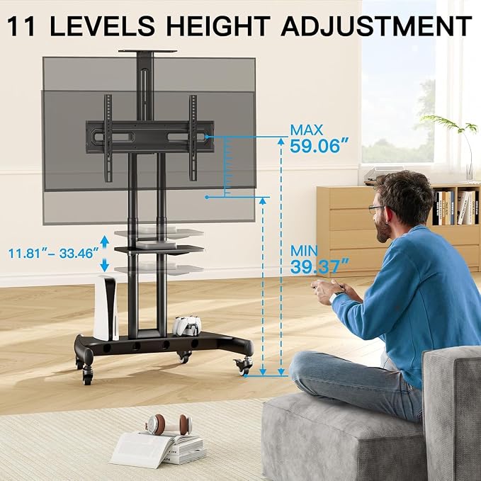 PERLESMITH Rolling TV Stand with Wheels for 32-85 Inch LCD LED 4K Flat Screen TVs, Tilt Mobile TV Cart with Shelf Holds Up to 100 lbs, Height Adjustable Floor TV Stand Max VESA 600x400mm- PSTVMC05 - Image 5