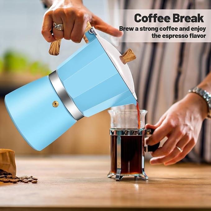 12 Cup Aluminum Moka Pot Classic Stovetop Espresso Coffee Maker 600ml 20oz Coffeemaker Percolator Mocha Pot Greca Coffee Maker Cafe Makers for Italian and Cuban Café Brewing Blue - Image 9