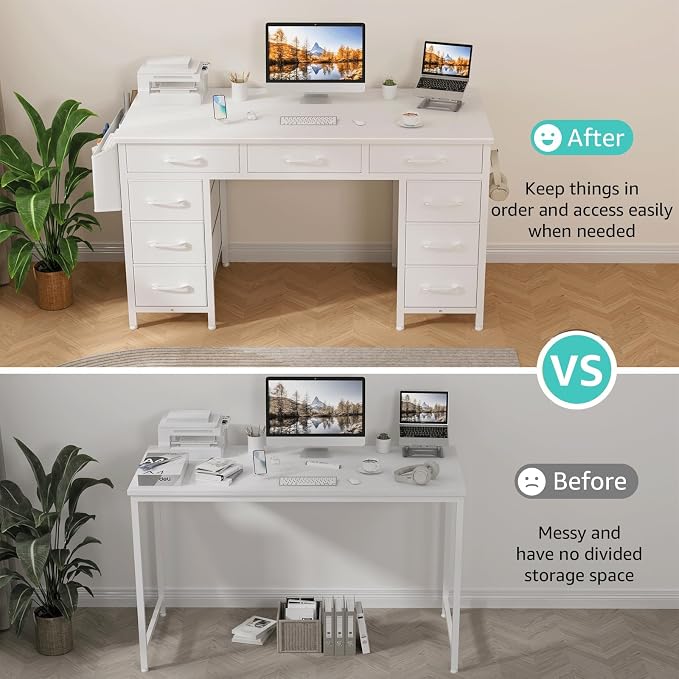 Lufeiya 47 Inch Computer Desk with 9 Drawers, Office Desk Work Desk for Home Office, Study, Writing, Vanity Desk with Fabric Drawers on Both Sides, Large Storage, White - Image 5