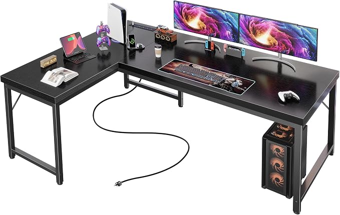 Huuger 55 Inch L Shaped Desk with Power Outlets and USB-C Port, Reversible Computer Desk, Larger Office Corner Gaming Desk, 0.95 Inch Thicker Desktop, Metal Frame, for Home Office, Study, Black by Huuger