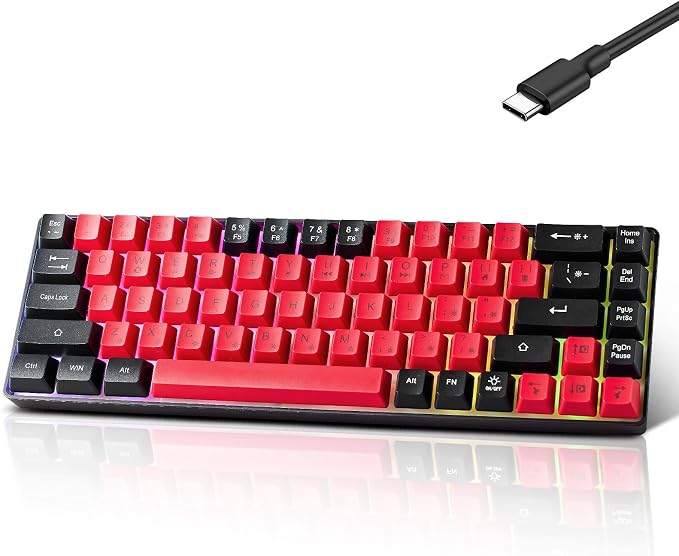 Wired Portable 60% Mechanical Feeling Gaming Keyboard,RGB LED Backlit Compact 68 Keys Mini Wired Office Keyboard for Windows Laptop PC Mac Gamer, Typist, Travel on Business Trip- Red and Black - Image 2