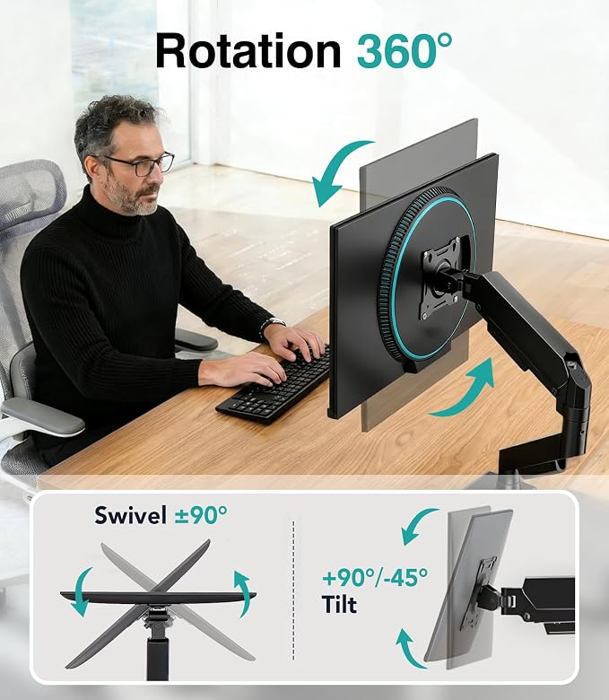 Single Monitor Arm, Monitor Mount for 17-32 inch Screens Gas Spring Adjustable Monitor Stand, Vesa Mount with Clamp and Grommet Aluminum Base - Fits 4.4 to 22lbs LCD Computer Monitors AX09DB01-1 - Image 4