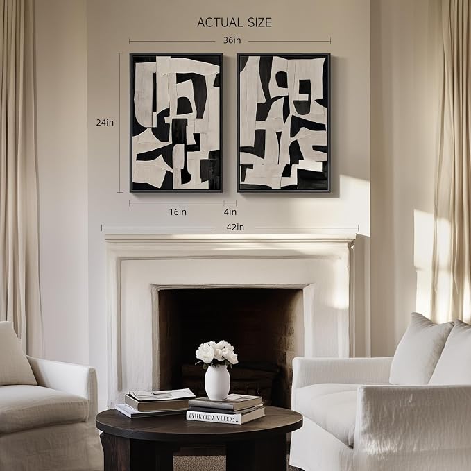 Framed Black and Beige Abstract Wall Art, 2 Piece Canvas Prints Paintings Artwork for Walls, Modern Minimalist Abstract Pictures for Living Room Hallway Bedroom Office Bathroom Wall Decor 16x24 In - Image 3