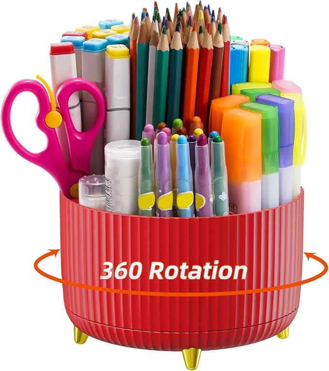 Marbrasse Desk Organizer, 360-Degree Rotating Pen Holder for Desk, Desk Organizers and Accessories with 5 Compartments Pencil Organizer, Art Supply Storage Box Caddy for Office, Home (Red) by Marbrasse