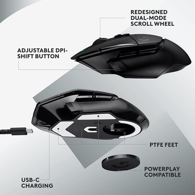 Logitech G502 X Lightspeed Wireless Gaming Mouse - Black | Optical Switches, 13 Buttons, <140 hrs Battery, USB-C, Infinite Scroll Toggle, Wireless Charging Capable, for PC/MacOS - Image 5