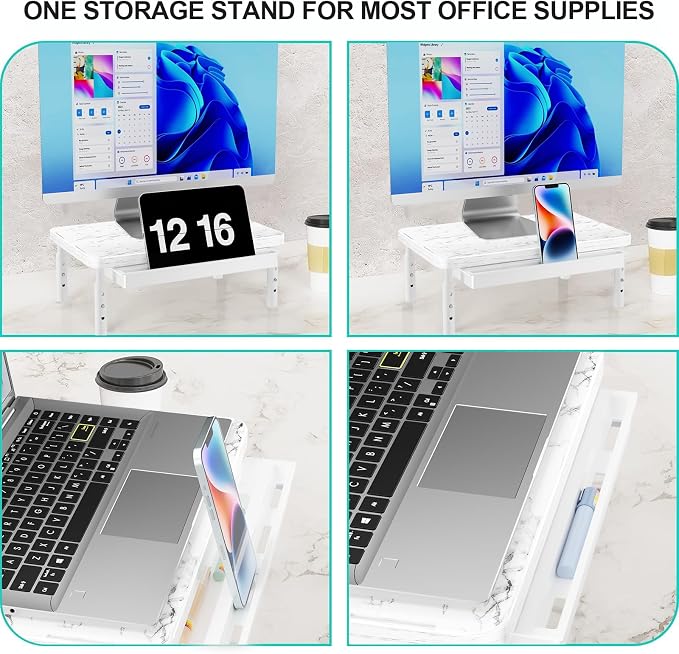 WALI Computer Monitor Stand with Storage, Desk Monitor Riser 3 Height Adjustable, Laptop Riser with Airflow Vents, Desk Organizer for Computer, Laptop, Printer (PTT002-M), 1 Pack, Marble - Image 6