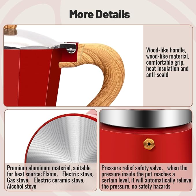 12 Cup Aluminum Moka Pot Classic Stovetop Espresso Coffee Maker 600ml 20oz Coffeemaker Percolator Mocha Pot Greca Coffee Maker Cafe Makers for Italian and Cuban Café Brewing Red - Image 5