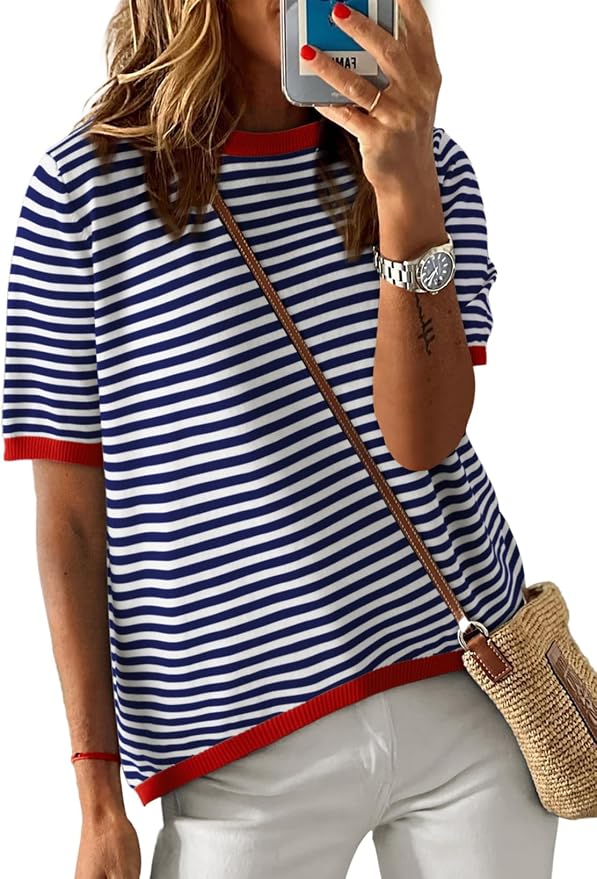 Dokotoo Womens Tops 2026 Casual Summer Crewneck Short Sleeve Striped Color Block Knit High Low Trendy Pullover Sweaters by Dokotoo