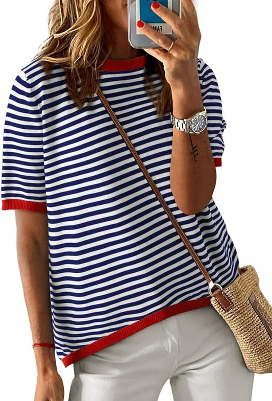 Dokotoo Womens Tops 2026 Casual Summer Crewneck Short Sleeve Striped Color Block Knit High Low Trendy Pullover Sweaters by Dokotoo