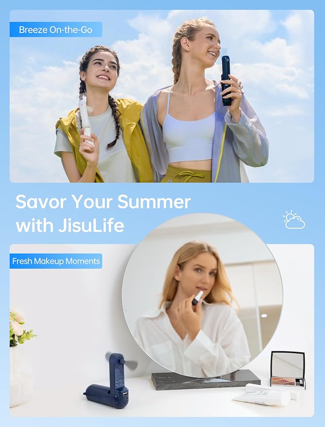 JISULIFE 3 IN 1 Handheld Mini Fan - Portable Fan & Power Bank & Flashlight, 19H Max Cooling, USB Rechargeable, Pocket-Sized for Travel, Cruise, Concerts, Makeup, 2026 Summer Gifts for Women(Blue) - Image 7