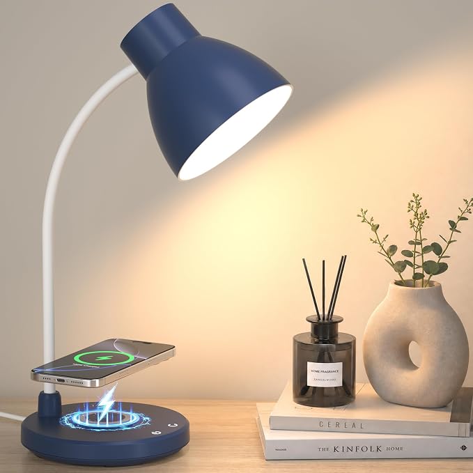 LED Desk Lamp for Home Office with Wireless Charger, Navy Blue | 3 Color Modes Dimmable Eye-Caring Study Reading Dorm Desk Lamp, 360° Flexible Arm Table Lamp for College Dorm Room, 800 Lumen by Vicsoon