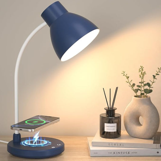 LED Desk Lamp for Home Office with Wireless Charger, Navy Blue | 3 Color Modes Dimmable Eye-Caring Study Reading Dorm Desk Lamp, 360° Flexible Arm Table Lamp for College Dorm Room, 800 Lumen by Vicsoon