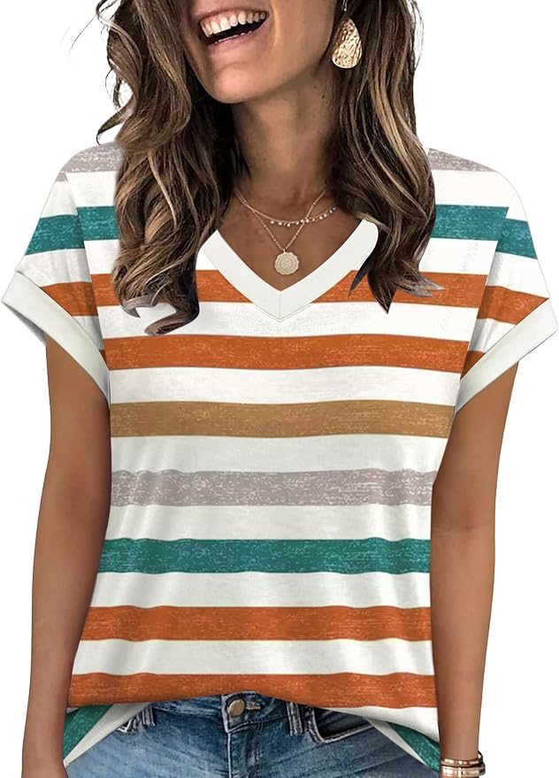WIHOLL Womens Summer Tops 2026 Cap Short Sleeve Shirs V Neck T Shirts Fashion Beach Vacation Clothes Color Block - Image 3